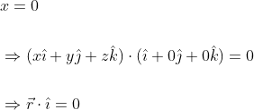\begin{aligned} &x=0 \\\\ &\Rightarrow(x \hat{\imath}+y \hat{\jmath}+z \hat{k}) \cdot(\hat{\imath}+0 \hat{\jmath}+0 \hat{k})=0 \\\\ &\Rightarrow \vec{r} \cdot \hat{\imath}=0 \end{aligned}