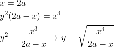 \begin{aligned} &x=2a\\ &y^{2}(2a-x)=x^{3}\\ &y^{2}=\frac{x^{3}}{2a-x}\Rightarrow y=\sqrt{\frac{x^{3}}{2a-x}}\\ \end{aligned}