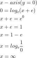 \begin{aligned} &x-axis(y=0)\\ &0=log_{e}(x+e)\\ &x+e=e^{0}\\ &x+e=1\\ &x=1-e\\ &x=log_{e}\frac{1}{0}\\ &x=\infty \end{aligned}