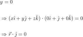 \begin{aligned} &y=0 \\\\ &\Rightarrow(x \hat{\imath}+y \hat{\jmath}+z \hat{k}) \cdot(0 \hat{\imath}+\hat{\jmath}+0 \hat{k})=0 \\\\ &\Rightarrow \vec{r} \cdot \hat{\jmath}=0 \end{aligned}