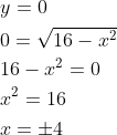 \begin{aligned} &y=0\\ &0=\sqrt{16-x^{2}}\\ &16-x^{2}=0\\ &x^{2}=16\\ &x=\pm 4\\ \end{aligned}