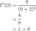 \begin{aligned} \mathrm{f}^{\prime \prime}(0) &=\frac{8}{(0+2)^{3}} \\ &=\frac{8}{8} \\ &=1>0 \end{aligned}