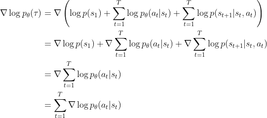 \begin{aligned} \nabla \log p_{\theta}(\tau) &= \nabla \left(\log p(s_1)+\sum_{t=1}^{T}\log p_{\theta}(a_t|s_t)+ \sum_{t=1}^{T}\log p(s_{t+1}|s_t,a_t) \right) \\ &= \nabla \log p(s_1)+ \nabla \sum_{t=1}^{T}\log p_{\theta}(a_t|s_t)+ \nabla \sum_{t=1}^{T}\log p(s_{t+1}|s_t,a_t) \\ &=\nabla \sum_{t=1}^{T}\log p_{\theta}(a_t|s_t)\\ &=\sum_{t=1}^{T} \nabla\log p_{\theta}(a_t|s_t) \end{aligned}