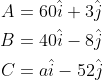\begin{aligned} A &=60 \hat{i}+3 \hat{j} \\ B &=40 \hat{i}-8 \hat{j} \\ C &=a \hat{i}-52 \hat{j} \end{aligned}