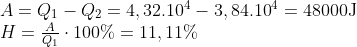 \begin{array}{*{35}{l}} A={{Q}_{1}}-{{Q}_{2}}=4,{{32.10}^{4}}-3,{{84.10}^{4}}=48000\text{J} \\ H=\frac{A}{{{Q}_{1}}}\cdot 100%=11,11% \\ \end{array}