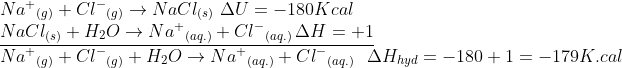 \begin{array}{l} N{a^ + }_{(g)} + C{l^ - }_{(g)} \to NaC{l_{(s)}}\,\,\Delta U = - 180Kcal\\ \underline {NaC{l_{(s)}} + {H_2}O \to N{a^ + }_{(aq.)} + C{l^ - }_{(aq.)}\,\Delta H = + 1} \\ N{a^ + }_{(g)} + C{l^ - }_{(g)} + {H_2}O \to N{a^ + }_{(aq.)} + C{l^ - }_{(aq.)}\,\,\,\,\Delta {H_{hyd}} = - 180 + 1 = - 179K.cal \end{array}