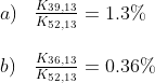 \begin{array}{lllll} a)&\frac{K_{39,13}}{K_{52,13}}=1.3\%\\\\ b)&\frac{K_{36,13}}{K_{52,13}}=0.36\% \end{array}