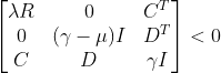 \begin{bmatrix} \lambda R &0 &C^{T} \\ 0 &(\gamma -\mu)I &D^{T} \\ C & D & \gamma I \end{bmatrix}<0