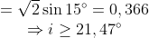 \begin{matrix} & =\sqrt{2}\sin 15{}^\circ =0,366 \\ & \Rightarrow i\ge 21,47{}^\circ \\ \end{align}