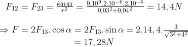 \begin{matrix} & {{F}_{12}}={{F}_{23}}=\frac{k{{q}_{1}}{{q}_{3}}}{{{r}^{2}}}=\frac{{{9.10}^{9}}{{.2.10}^{-6}}{{.2.10}^{-6}}}{0,{{03}^{2}}+0,{{04}^{2}}}=14,4N \\ \\ & \Rightarrow F=2{{F}_{13}}.\cos \alpha =2{{F}_{13}}.\sin \alpha =2.14,4.\frac{3}{\sqrt{{{3}^{2}}+{{4}^{2}}}} \\ & =17,28N \\ \end{matrix}
