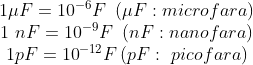 \begin{matrix} & 1\mu F={{10}^{-6}}F\text{ }\left( \mu F:microfara \right) \\ & 1~nF={{10}^{-9}}F\text{ }\left( nF:nanofara \right) \\ & 1pF={{10}^{-12}}F\left( pF:\text{ }picofara \right) \\ \end{align}