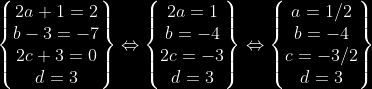 \bg_black \begin{Bmatrix}2a+1=2\\ b-3=-7\\ 2c+3=0\\ d=3 \end{matrix}\Leftrightarrow \begin{Bmatrix}2a=1\\ b=-4\\ 2c=-3\\ d=3 \end{matrix} \Leftrightarrow \begin{Bmatrix}a=1/2 \\ b=-4\\ c =-3/2\\ d=3 \end{matrix}