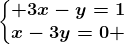 \left\\beginmatrix 3x-y=1\\x-3y=0 \endmatrix\right.