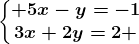 \left\\beginmatrix 5x-y=-1\\3x+2y=2 \endmatrix\right.