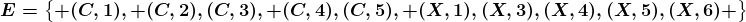 E=\beginBmatrix (C,1), (C,2),(C,3), (C,4),(C,5), (X,1),(X,3),(X,4),(X,5),(X,6) \endBmatrix