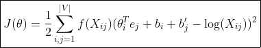 \boxed{J(\theta)=\frac{1}{2}\sum_{i,j=1}^{|V|}f(X_{ij})(\theta_i^Te_j+b_i+b_j'-\log(X_{ij}))^2}
