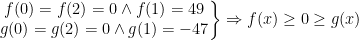 \begin{align*} &\left.\begin{matrix} f(0)=f(2)=0\wedge f(1)=49 \\ g(0)=g(2)=0\wedge g(1)=-47\end{matrix}\right\}\Rightarrow f(x)\geq 0\geq g(x) \end{align*}