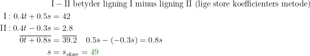 \begin{align*} &\text{I}-\text{II betyder ligning I minus ligning II (lige store koefficienters metode)} \\ \text{I}:0.4t+0.5s &= 42 \\ \text{II}:0.4t-0.3s &= 2.8 \\ \overline{0t+0.8s} &= \overline{39.2}\;\;\;\;0.5s-(-0.3s)=0.8s \\ s &= s_{sk\ae r}={\color{DarkGreen} 49} \end{align*}