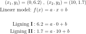 \begin{align*} (x_1,y_1)=(0, 6.2)\;&,\;(x_2,y_2)=(10, 1.7) \\ \textup{Line\ae r model: }f(x) &= a\cdot x+b \\\\ \textup{Ligning }\mathbf{I}:6.2 &= a\cdot 0+b \\ \textup{Ligning }\mathbf{II}:1.7 &= a\cdot 10+b \end{align*}