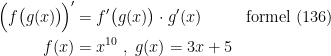 \begin{align*} \Bigl(f\bigl(g(x)\bigr)\!\Bigr)' &= f'\bigl(g(x)\bigr)\cdot g'(x) &&\textup{formel (136)} \\ f(x) &= x^{10}\;,\;g(x)=3x+5 \end{align*}