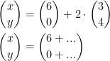 \begin{align*} \binom{x}{y} &= \binom{6}{0}+2\cdot \binom{3}{4} \\ \binom{x}{y} &= \binom{6+...}{0+...} \end{align*}