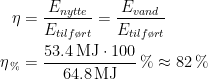 \begin{align*} \eta &= \frac{E_{nytte}}{E_{tilf\o rt}}= \frac{E_{vand}}{E_{tilf\o rt}} \\ \eta_{\,%} &= \frac{53.4\,\textup{MJ}\cdot 100}{64.8\,\textup{MJ}}\,%\approx 82\,% \end{align*}