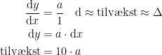 \begin{align*} \frac{\mathrm{d} y}{\mathrm{d} x} &= \frac{a}{1} \quad \mathrm{d}\approx \textup{tilv\ae kst}\approx \Delta \\ \mathrm{d} y &= a\cdot \mathrm{d} x \\ \textup{tilv\ae kst} &= 10\cdot a \end{align*}