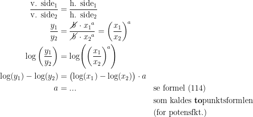 \begin{align*} \frac{\textup{v. side}_1}{\textup{v. side}_2} &= \frac{\textup{h. side}_1}{\textup{h. side}_2} \\ \frac{y_1}{y_2} &= \frac{\cancel{\,b\,}\cdot {x_1}^{a}}{\cancel{\,b\,}\cdot {x_2}^{a}}=\left (\frac{x_1}{x_2} \right )^{\!a} \\ \log\left (\frac{y_1}{y_2} \right ) &= \log\Biggl (\left (\frac{x_1}{x_2} \right )^{\!a} \Biggr ) \\ \log(y_1)-\log(y_2) &= \bigl(\log(x_1)-\log(x_2) \bigr )\cdot a \\ a &= ... &&\textup{se formel (114)} \\&&&\textup{som kaldes \textbf{to}punktsformlen} \\ &&&\textup{(for potensfkt.)}\end{align*}