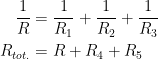 \begin{align*} \frac{1}{R} &= \frac{1}{R_1}+\frac{1}{R_2}+\frac{1}{R_3} \\ R_{tot.} &= R+R_4+R_5 \end{align*}