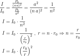 \begin{align*} \frac{I}{I_0} &= \frac{\frac{P_0}{(n\,a)^2}}{\frac{P_0}{a^2}} =\frac{a^2}{(n\,a)^2}=\frac{1}{n^2} \\ I &=I_0\cdot \frac{1}{n^2} \\ I &= I_0\cdot \frac{1}{\left (\frac{r}{r_0} \right )^2} \;,\;r=n\cdot r_0\Rightarrow n=\frac{r}{r_0} \\ I &= I_0\cdot \left (\frac{r_0}{r} \right )^2 \end{align*}