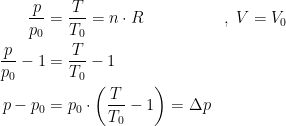 \begin{align*} \frac{p}{p_0} &= \frac{T}{T_0}=n\cdot R &&,\;V=V_0 \\ \frac{p}{p_0}-1 &= \frac{T}{T_0}-1 \\ p-p_0 &= p_0\cdot \biggl(\frac{T}{T_0}-1\biggr)=\Delta p \end{align*}