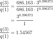 \begin{align*} \frac{q(3)}{q(1)} &= \frac{686.163\cdot 3^{0.396373}}{686.163\cdot 1^{0.396373}} \\ &= \frac{3^{0.396373}}{1}\\\frac{q(3)}{q(1)} &= 1.54567 \end{align*}
