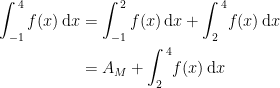 \begin{align*} \int_{-1}^{\,4}f(x)\,\mathrm{d}x &= \int_{-1}^{\,2}f(x)\,\mathrm{d}x+ \int_{2}^{\,4}\!f(x)\,\mathrm{d}x \\ &= A_M+\int_{2}^{\,4}\!f(x)\,\mathrm{d}x \end{align*}