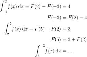 \begin{align*} \int_{-3}^{2}\!f(x)\,\mathrm{d}x=F(2)-F(-3) &= 4 \\ F(-3) &= F(2)-4 \\ \int_{2}^{5}\!f(x)\,\mathrm{d}x=F(5)-F(2) &= 3 \\ F(5) &= 3+F(2) \\ \int_{5}^{-3}\!f(x)\,\mathrm{d}x &= ... \end{align*}