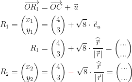 \begin{align*} \overrightarrow{OR_1} &= \overrightarrow{OC}+\vec{\,u} \\ R_1=\binom{x_1}{y_1} &= \binom{4}{3}+\sqrt{8}\cdot \vec{\,e}_u \\ R_1 &= \binom{4}{3}+\sqrt{8}\cdot \frac{\widehat{\vec{\,r}\,}}{|\vec{\,r}|}=\binom{...}{...} \\ R_2=\binom{x_2}{y_2} &= \binom{4}{3}\;{\color{Red} -}\;\sqrt{8}\cdot \frac{\widehat{\vec{\,r}\,}}{|\vec{\,r}|}=\binom{...}{...} \end{align*}