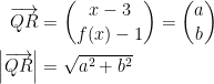 \begin{align*} \overrightarrow{QR} &= \binom{x-3}{f(x)-1}=\binom{a}{b} \\ \left | \overrightarrow{QR} \right | &= \sqrt{a^2+b^2} \end{align*}