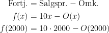 \begin{align*} \text{Fortj.} &= \text{Salgspr.}-\text{Omk.}\\ f(x) &= 10x-O(x) \\ f(2000) &= 10\cdot 2000-O(2000) \\ \end{align*}