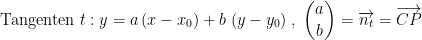 \begin{align*} \text{Tangenten }t:y &= a\,(x-x_0)+b\;(y-y_0) \;,\;\binom{a}{b}=\overrightarrow{n_t}=\overrightarrow{CP} \end{align*}
