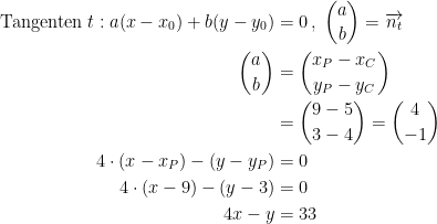 \begin{align*} \text{Tangenten}\;t:a(x-x_0)+b(y-y_0) &= 0 \,,\;\binom{a}{b}=\overrightarrow{n_t} \\ \binom{a}{b} &= \binom{x_P-x_C}{y_P-y_C} \\ &= \binom{9-5}{3-4}=\binom{4}{-1} \\ 4\cdot (x-x_P)-(y-y_P) &= 0 \\ 4\cdot (x-9)-(y-3) &= 0 \\ 4x-y &=33 \end{align*}