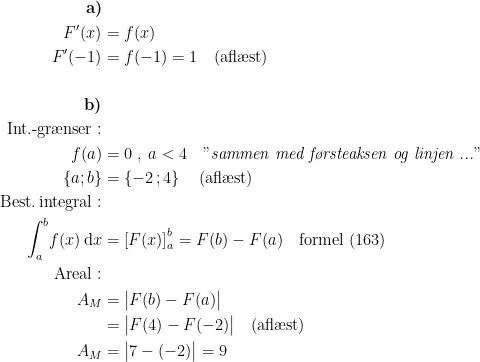 \begin{align*} \textbf{a)}\\F'(x) &= f(x) \\F'(-1) &= f(-1)=1\quad\textup{(afl\ae st)} \\\\ \textbf{b)}\\ \textup{Int.-gr\ae nser}:\\ f(a) &= 0\;,\;a<4\quad\textup{"\textit{sammen med f\o rsteaksen og linjen ...}"}\\ \left \{ a;b \right \} &= \left \{-2\,;4 \right \}\quad\textup{(afl\ae st)} \\ \textup{Best.\,integral}:\\ \int_{a}^{b}\!f(x)\,\mathrm{d}x &= \left [F(x)\right ]_a^b=F(b)-F(a)\quad\textup{formel (163)} \\ \textup{Areal}:\\ A_M &= \bigl|F(b)-F(a)\bigr| \\ &= \bigl|F(4)-F(-2)\bigr|\quad\textup{(afl\ae st)} \\ A_M &= \bigl|7-(-2)\bigr|=9 \end{align*}