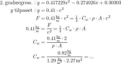 \begin{align*} \textup{2.\,gradsregress.}:y &= 0.417229x^2-0.274026x+0.30303 \\ y\;\textup{tilpasset}: y &= 0.41\cdot v^2 \\F &= 0.41\tfrac{\textup{kg}}{\textup{m}}\cdot v^2=\tfrac{1}{2}\cdot C_w\cdot \rho \cdot A\cdot v^2 \\ 0.41 \tfrac{\textup{kg}}{\textup{m}} &= \frac{F}{v^2}=\tfrac{1}{2}\cdot C_w\cdot \rho \cdot A \\ C_w &= \frac{0.41\tfrac{\textup{kg}}{\textup{m}}\cdot 2}{\rho \cdot A} \\ C_w &= \frac{0.82\tfrac{\textup{kg}}{\textup{m}}}{1.29\,\frac{\textup{kg}}{\textup{m}^3}\cdot 2.27\,\textup{m}^2}=... \end{align*}