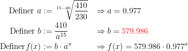 \begin{align*} \textup{Definer } a &:= \sqrt[15-40]{\frac{410}{230}} &&\Rightarrow a= 0.977 \\ \textup{Definer }b &:= \frac{410}{a^{15}}&&\Rightarrow b= {\color{Red} 579.986 } \\ \textup{Definer}f(x) &:= b\cdot a^x &&\Rightarrow f(x)=579.986\cdot 0.977^x \end{align*}