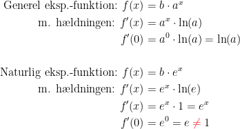 \begin{align*} \textup{Generel eksp.-funktion: } f(x)&= b\cdot a^{x} \\ \textup{m. h\ae ldningen: }f'(x) &= a^{x}\cdot \ln(a) \\ f'(0) &= a^0\cdot \ln(a)=\ln(a) \\\\ \textup{Naturlig eksp.-funktion: } f(x)&= b\cdot e^{x} \\ \textup{m. h\ae ldningen: }f'(x) &= e^{x}\cdot \ln(e) \\ f'(x) &= e^{x}\cdot 1=e^{x} \\ f'(0) &= e^0=e\;{\color{Red} \neq }\;1\end{align*}