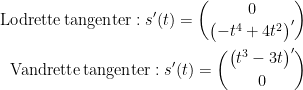 \begin{align*} \textup{Lodrette\,tangenter}:s'(t)=\binom{0}{\bigl(-t^4+4t^2 \bigr)'} \\ \textup{Vandrette\,tangenter}:s'(t)=\binom{\bigl(t^3-3t \bigr)'}{0} \end{align*}