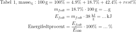 \begin{align*} \textup{Tabel 1, masse}_\%:100\,\textup{g}= 100\% &= 4.9\%+18.7\%+42.4\%+rest\,% \\ m_{fedt} &= 18.7\%\cdot 100\,\textup{g}=...\,\textup{g} \\ E_{fedt} &= m_{fedt}\cdot 38\,\tfrac{\textup{kJ}}{\textup{g}}=... \,\textup{kJ} \\ \textup{Energifedtprocent} &= \frac{E_{fedt}}{E_{100}}\cdot 100\%=...\;\% \end{align*}