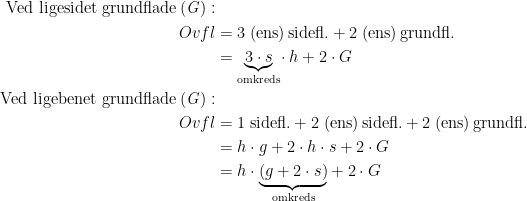 \begin{align*} \textup{Ved ligesidet grundflade\,(\textit{G})}:\\ Ovfl &= 3\;\textup{(ens)\,sidefl.}+2\;\textup{(ens)\,grundfl.} \\ &=\underset{\textup{omkreds}}{\underbrace{3\cdot s}}\!\cdot h+2\cdot G \\ \textup{Ved ligebenet grundflade\,(\textit{G})}:\\Ovfl &= 1\;\textup{sidefl.}+2\;\textup{(ens)\,sidefl.}+2\;\textup{(ens)\,grundfl.} \\ &=h\cdot g+2\cdot h\cdot s+2\cdot G \\ &=h\cdot \underset{\textup{omkreds}}{\underbrace{\left (g+2\cdot s\right )}}+2\cdot G \end{align*}