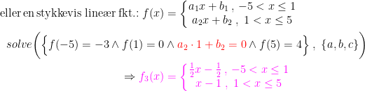 \begin{align*} \textup{eller\,en\,stykkevis\;line\ae r fkt.:}\; f(x) &= \left\{\begin{matrix}a_1x+b_1\,,\,-5<x\leq 1\\a_2x+b_2\;,\;1<x\leq 5\end{matrix}\right. \\ solve\biggl(\Bigl\{ f(-5)=-3\wedge f(1)=0&\wedge {\color{Red} a_2\cdot 1+b_2=0}\wedge f(5)=4 \Bigr\}\;,\;\left \{a,b,c\right \}\biggr) \\ \Rightarrow {\color{Magenta} f_3(x)} &\;{\color{Magenta} = \left\{\begin{matrix}\tfrac{1}{2}x-\tfrac{1}{2}\,,\,-5<x\leq 1\\x-1\;,\;1<x\leq 5\end{matrix}\right.} \end{align*}