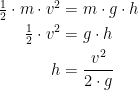 \begin{align*} \tfrac{1}{2}\cdot m\cdot v^2&= m\cdot g\cdot h \\ \tfrac{1}{2}\cdot v^2&= g\cdot h \\ h&=\frac{v^2}{2\cdot g} \end{align*}