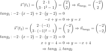 \begin{align*} \vec{s}\,'(t_1)=\binom{2\cdot 1}{3\cdot 1^2-1} &= \binom{2}{2}\Rightarrow \vec{n}_{tang_1}=\binom{-2}{2} \\ tang_1:-2\cdot \bigl(x-2\bigr)+2\cdot \bigl(y-2\bigr) &= 0 \\-x+y &= 0\Rightarrow y=x \\ \vec{s}\,'(t_2)=\binom{2\cdot (-1)}{3\cdot (-1)^2-1} &= \binom{-2}{2}\Rightarrow \vec{n}_{tang_2}=\binom{-2}{-2} \\ tang_2:-2\cdot \bigl(x-2\bigr)-2\cdot \bigl(y-2\bigr) &= 0 \\x+y-4 &= 0\Rightarrow y=-x+4 \\ \Rightarrow tang_1 &\perp tang_2 \end{align*}