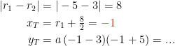 \begin{align*} |r_1-r_2| &= |-5-3|=8 \\ x_T &= r_1+\tfrac{8}{2}={\color{Red} -1} \\ y_T &= a\,(-1-3)(-1+5)=... \end{align*}